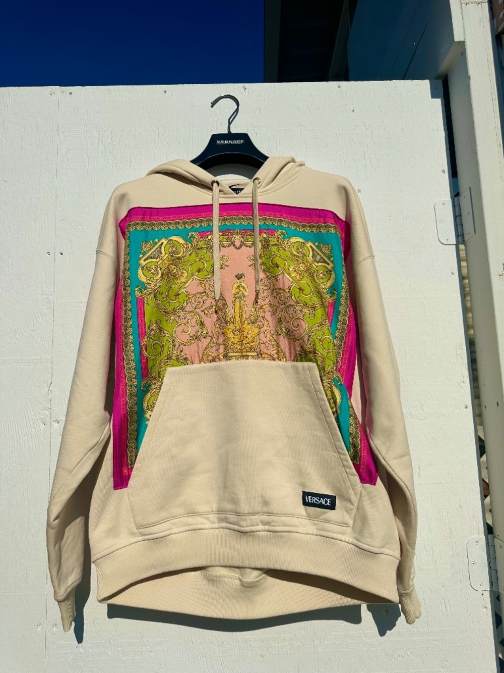 VERSACE Barocco Goddess Hoodie Beige Cotton/Silk Mens Size M